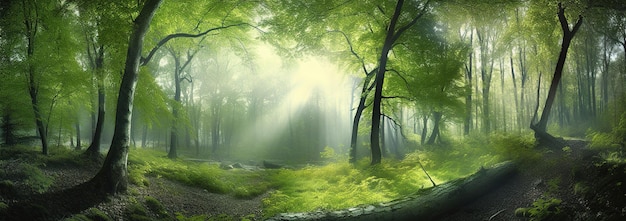 Photo green simmer forest beauty of nature as the sun illuminates the vibrant green foliage of the forest generative ai