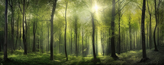 Green simmer forest beauty of nature as the sun illuminates the vibrant green foliage of the forest Generative AI