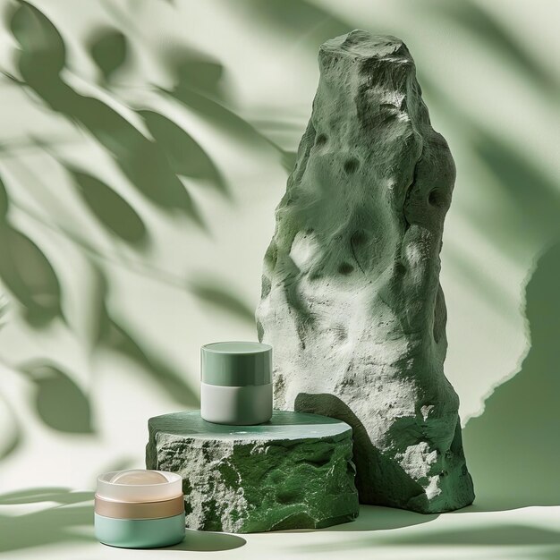 Green skincare products on a marble podium with botanical shadow effect Wellness and beauty