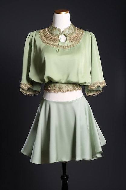 A green skirt with lace trim and lace trim and a collar.