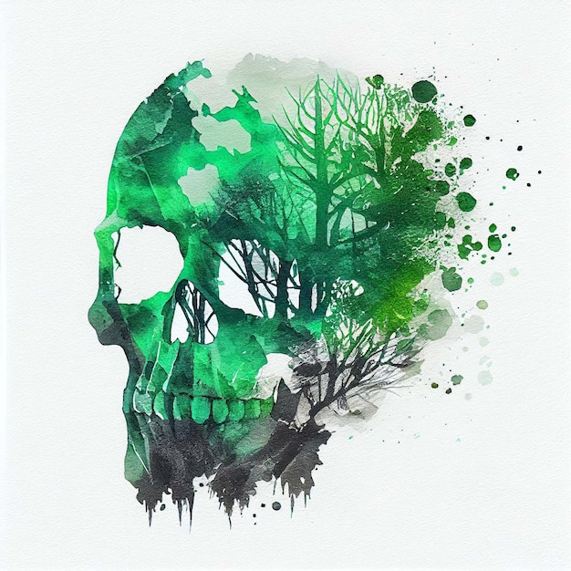 Green skull Double exposure watercolor skeleton head Halloween concept Generative AI