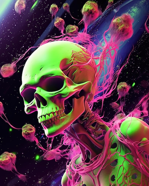 A green skull with a pink glow in the dark background.