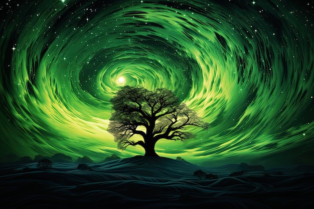 Green Sky Glow Aurora Borealis Swirling Green Colours in Dark Night Sky with Tree Silhouette