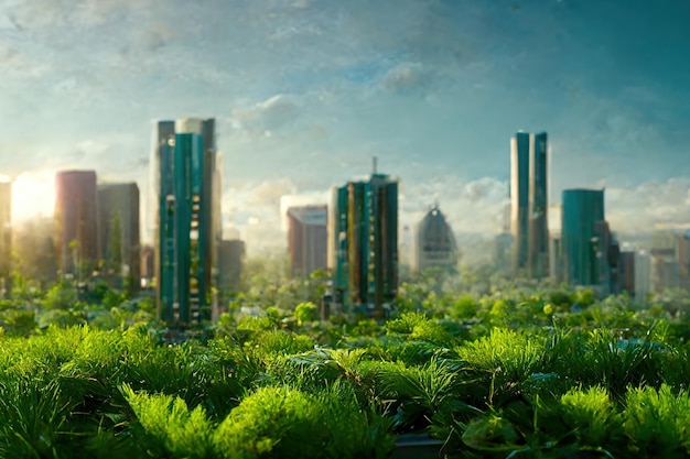 Green skyscraper building with plants in city ecology and green living in downtown urban environment concept