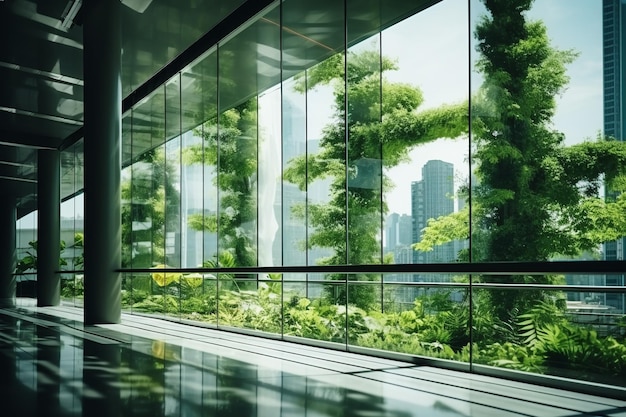 Green skyscraper building with plants growing on the facade