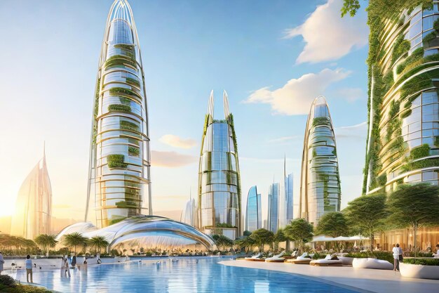 Photo green skyscrapers rooftop gardens energy waterfalls a futuristic urban oasis blending nature