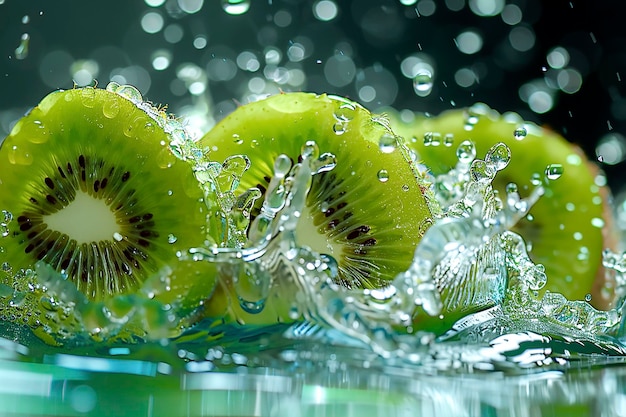 Green sliced kiwis and flowing liquid