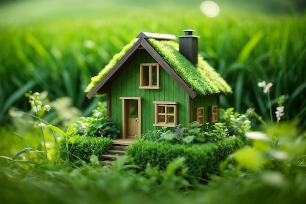 Green small and environmentally friendly housing concept Miniature House On Grass