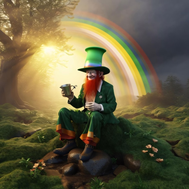 A green smiling dwarf in a green costume hat holding a jug in a green clearing with a sunset and rainbow in the background Green color symbol of St Patricks Day