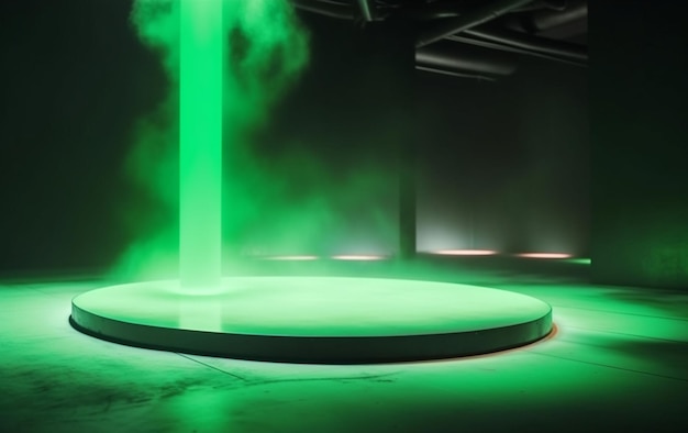 A green smoke cloud is suspended from a ceiling in a dark room.