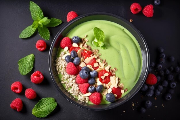 Green smoothie bowl with granola fresh raspberries and mint leaves on black background
