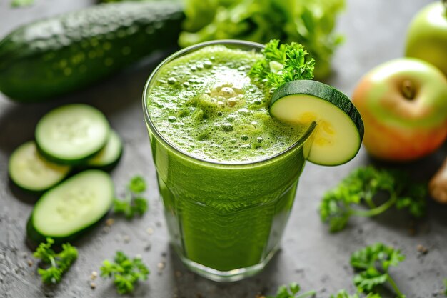 Photo green smoothie garnished with cucumbers and parsley