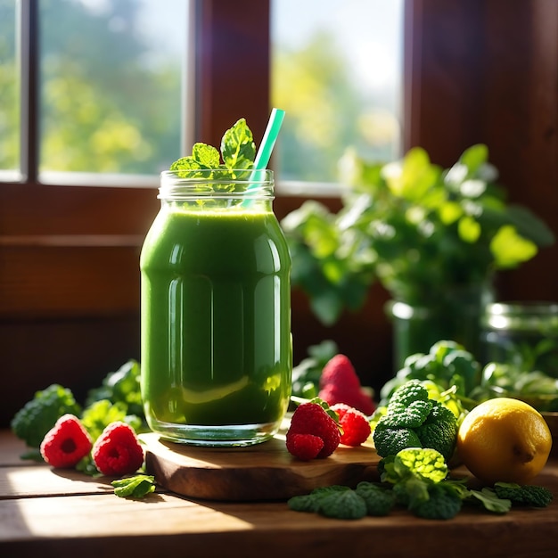 A green smoothie in a glass jar atop a wooden table with a sunbeam streaming Ai Generated
