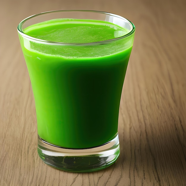 A green smoothie is on a table with a wooden table.