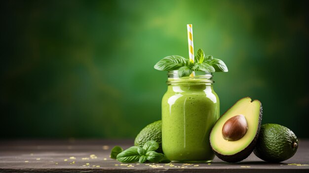 A green smoothie in a jar with a straw