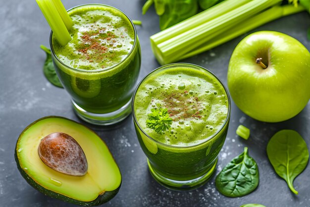 Green smoothie made from apple avocado celery and spinach in two glass glasses