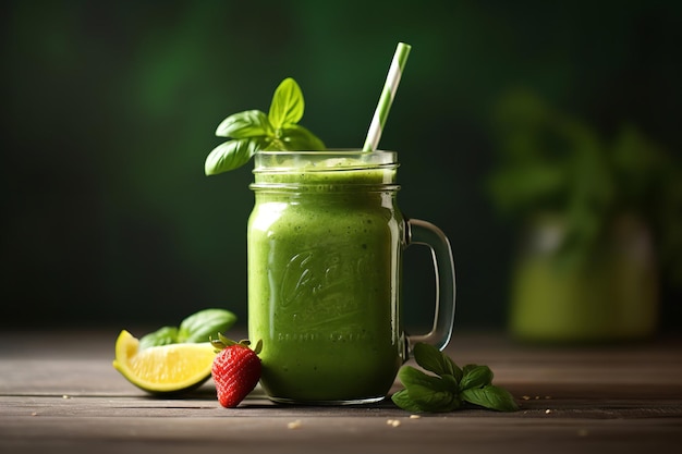 Green Smoothie in a Mason Jar with Straw