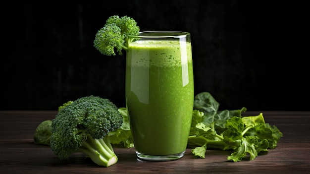 A green smoothie in a tall glass surrounded by broccoli