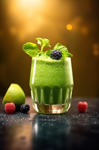 A green smoothie with a black raspberry on the top