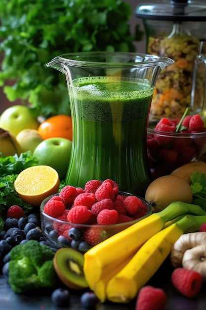 Green smoothie with fruits vegetables and blender created with generative ai