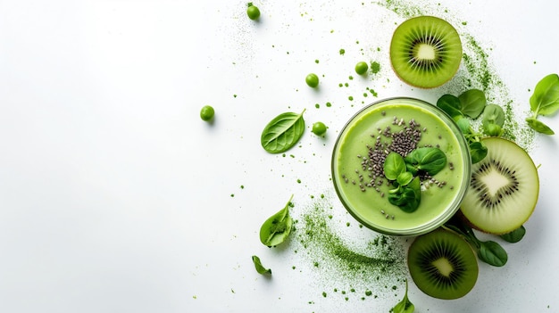 Green smoothie with kiwi basil and chia seeds surrounded by fresh ingredients on a white surface