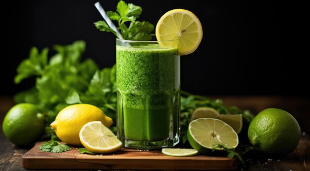 Green smoothie with lemon and parsley on a wooden table ai