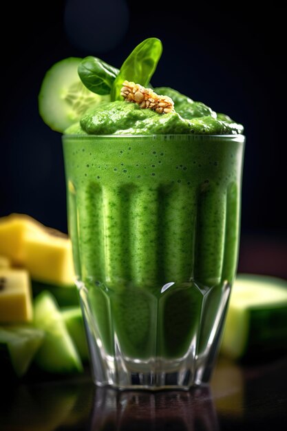 A green smoothie with a slice of cucumber on top