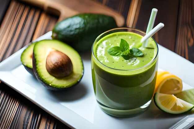 Photo a green smoothie with a spoon and a cup of green juice next to it.