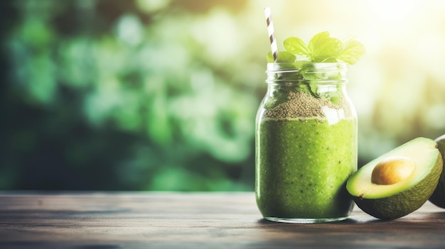 A green smoothie with a straw is on a wooden table.