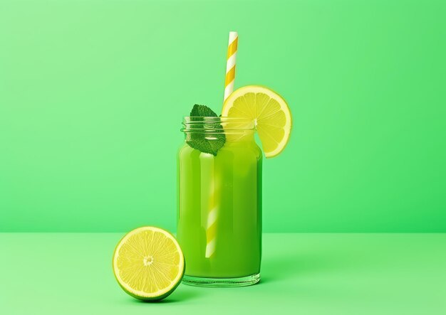 A green smoothie with two lemons and a striped straw