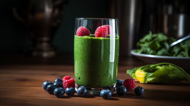 Green smoothies made of yogurt spinach kiwi and apple in glasses with berries