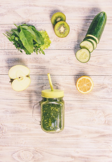 Green smoothies with vegetables and fruits. Detox Day.