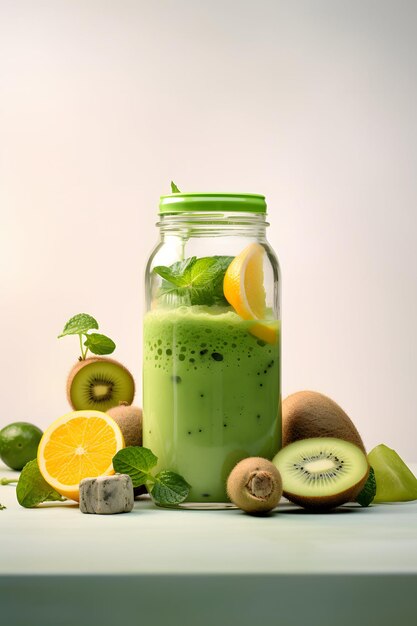 green smoothy in mason jar and fresh fruits