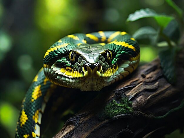 A green snake biting a snake with its mouth wide open