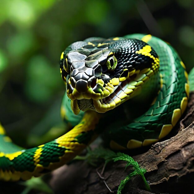 A green snake biting a snake with its mouth wide open