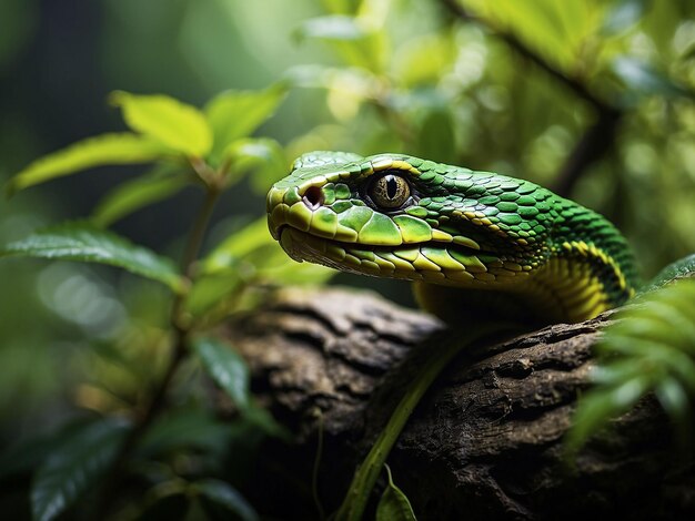 A green snake biting a snake with its mouth wide open