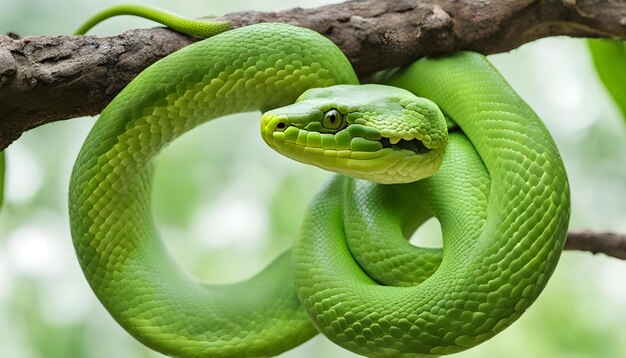 Green snake coiled around tree branch Green Tree Python