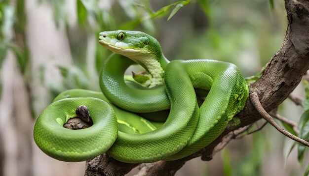 Green snake coiled around tree branch Green Tree Python