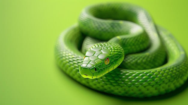 Foto un serpente verde arrotolato su uno sfondo verde il serpente sta guardando la telecamera con i suoi occhi gialli il corpo del serpente è coperto di squame luccicanti