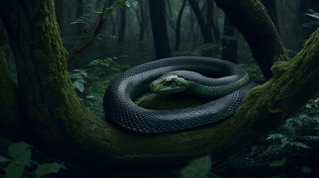 어두운 숲에서 녹색 뱀