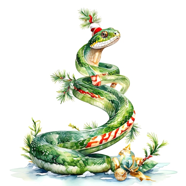 Green snake Funny animal the symbol of the coming new year Watercolor style illustration