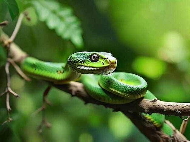 A green snake is on a branch on natural background around the forest