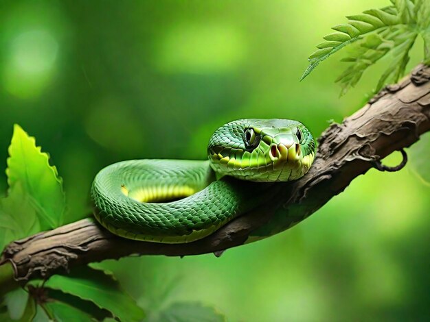 A green snake is on a branch on natural background around the forest