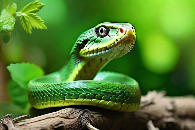 A green snake is on a branch on natural background around the forest