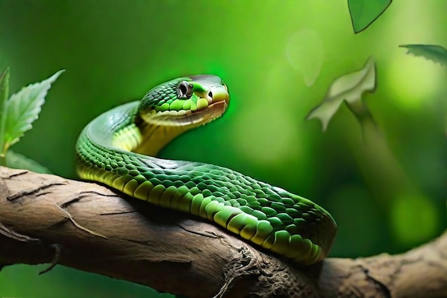 Photo a green snake is on a branch on natural background around the forest