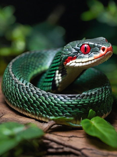 Photo a green snake red eye is on a branch on natural background around the forest