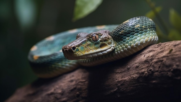 A green snake rests on a branch