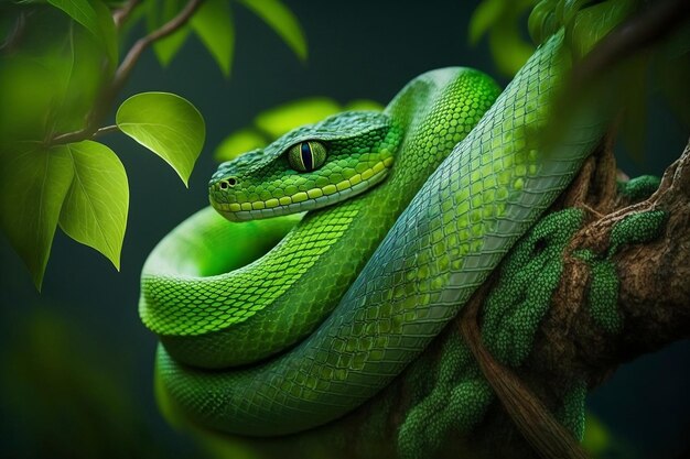 Зеленая змея на дереве AI