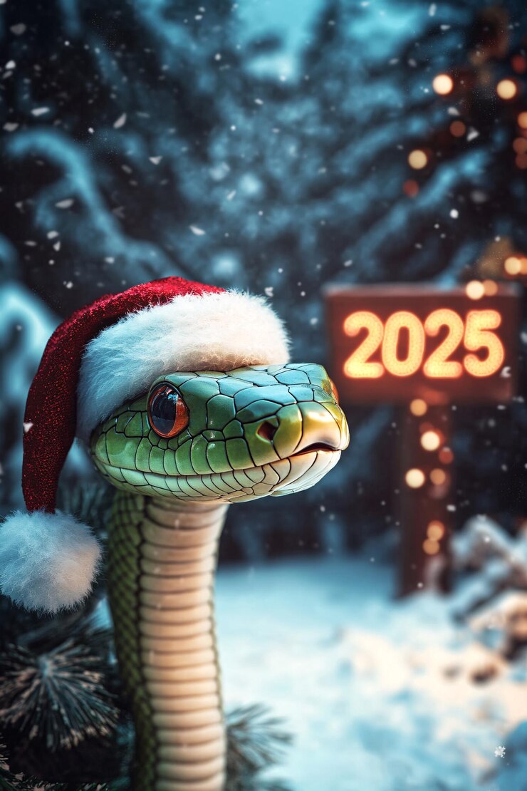 Фотография зелёная змея в шляпе санта-клауса празднует новый год 2025