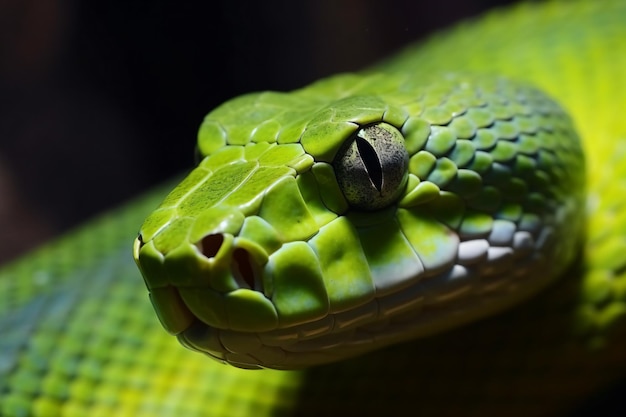a green snake with a black eye and a black nose